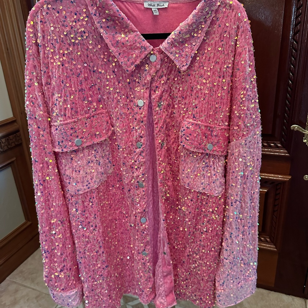 White Birch Pink Sequin Top 3XL